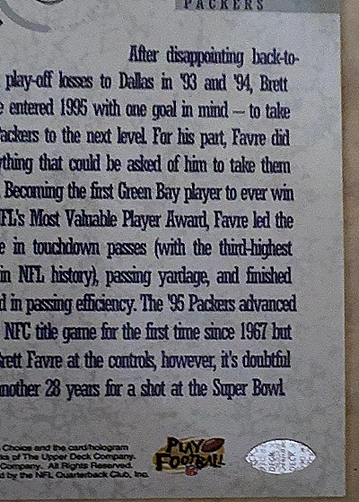 1996 Upper Deck Collector's Choice MVP #M17 Brett Favre — back