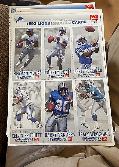 1993 McDonald's GameDay Detroit Lions Uncut Sheet — front