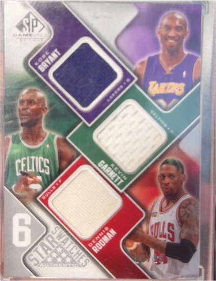 2009 SP Game Used 6 Star Swatches #6 Kobe Bryant Kevin Garnett Dennis Rodman — front