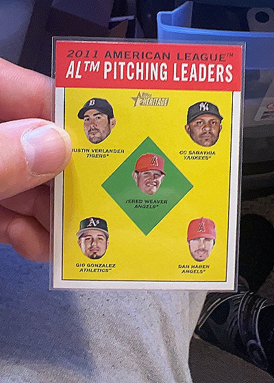 2012 Topps Heritage #8 Justin Verlander, CC Sabathia, Jered Weaver, Gio Gonzalez, Dan Haren — front