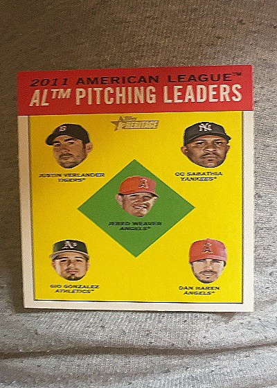 2012 Topps Heritage #8 Justin Verlander, CC Sabathia, Jered Weaver, Gio Gonzalez, Dan Haren — front