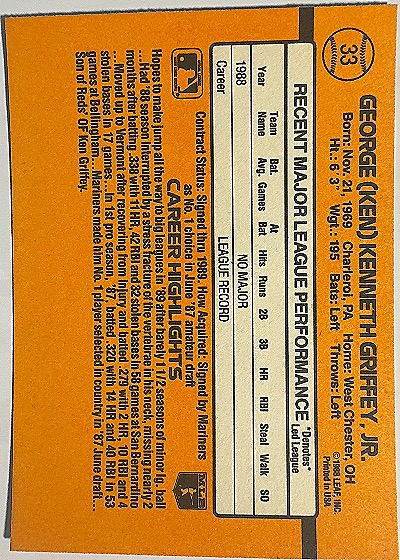 1989 Donruss #33 George (Ken) Kenneth Griffey Jr. — front