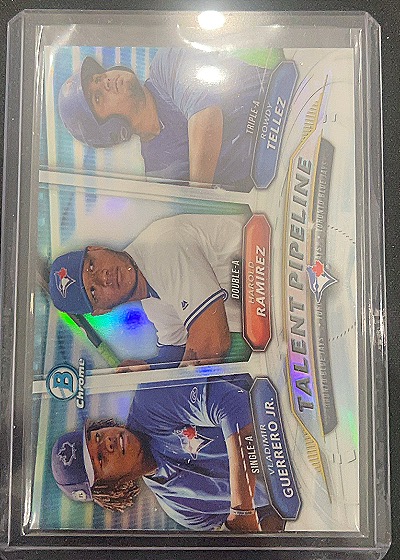 2018 Bowman Chrome Talent Pipeline #TP-TOR Vladimir Guerrero Jr., Harold Ramirez, Rowdy Tellez — front