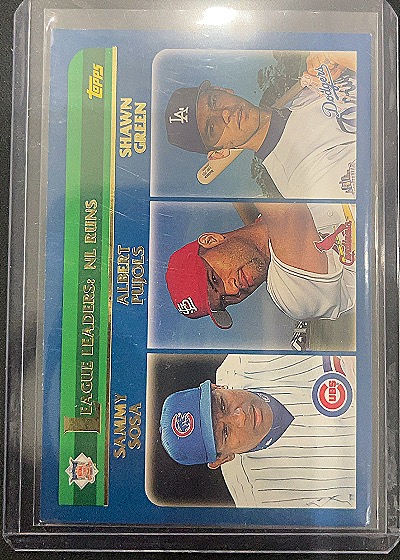 2003 Topps #344 League Leaders NL Runs Shawn Green, Albert Pujols, Sammy Sosa — front