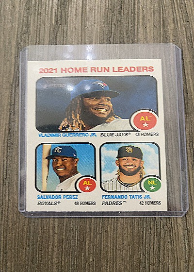 2022 Topps Heritage #68 2021 Home Run Leaders Guerrero Jr., Perez & Tatis Jr. — front