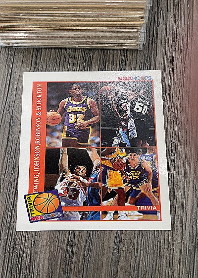 1992-93 NBA Hoops #485 Magic Johnson, David Robinson, Patrick Ewing, John Stockton Trivia Card — front