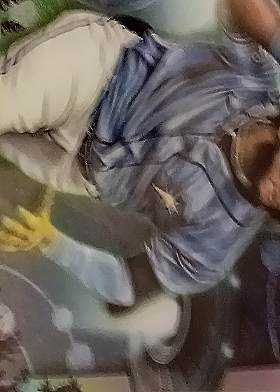 Original Oil Painting of Person in Blue Shirt and White Pants — front