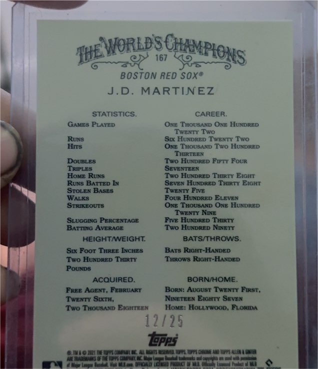 2021 Topps Allen & Ginter #167 J.D. Martinez — front