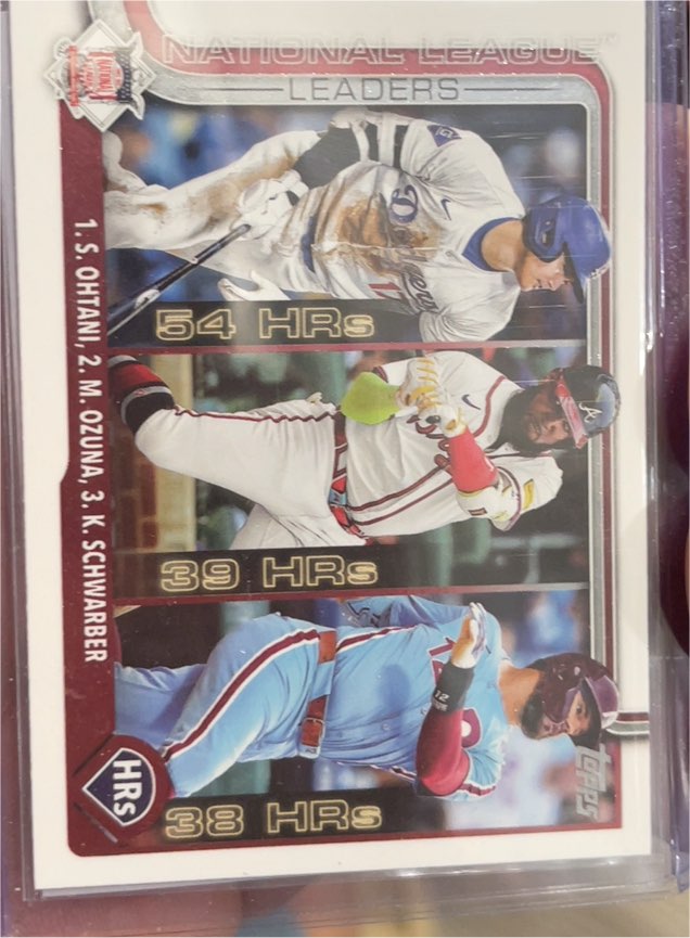 2025 Topps #144 National League Leaders HR (Shohei Ohtani / Marcell Ozuna / Kyle Schwarber) — front