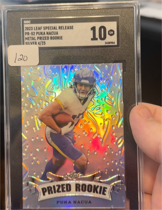 2023 Leaf Special Release PR-52 Puka Nacua Metal Prized Rookie Silver 4/25 — front