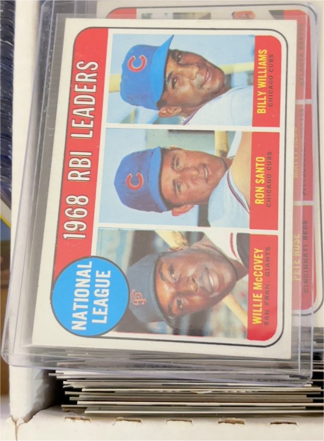 1969 Topps #4 NL RBI Leaders Willie McCovey, Ron Santo, Billy Williams — front