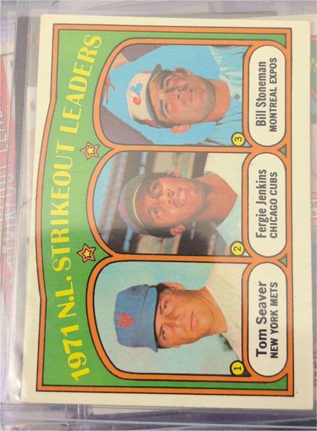 1972 Topps #95 N.L. Strikeout Leaders (Tom Seaver / Fergie Jenkins / Bill Stoneman) — front