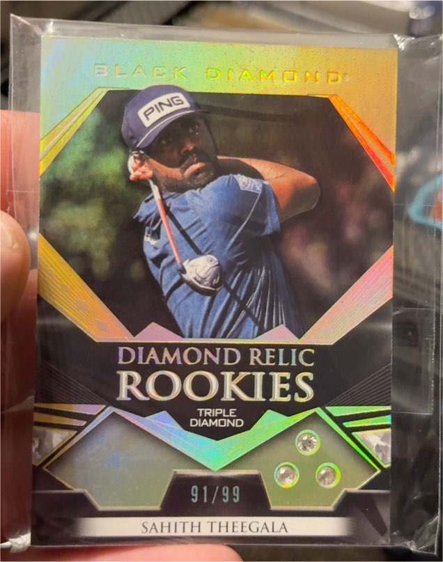 2024 Upper Deck Portfolio Black Diamond Diamond Relic Rookies Triple Diamond Sahith Theegala #91/99 — front