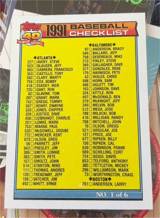 1991 Topps Baseball Checklist No. 1 of 6 — front