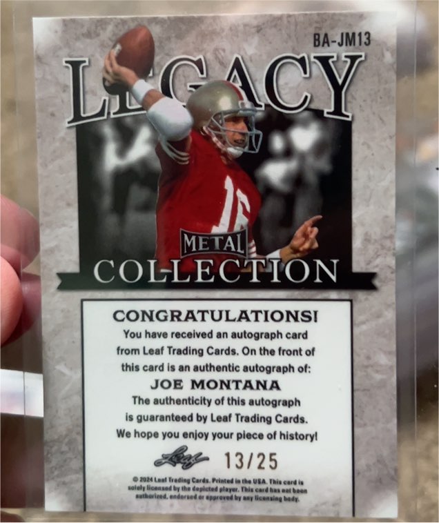 2024 Leaf Legacy Collection #BA-JM13 Joe Montana — front