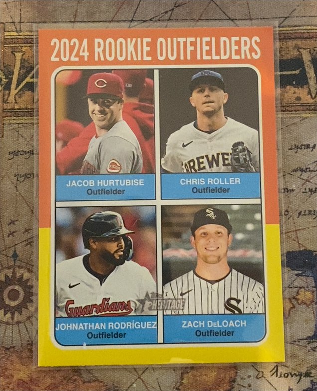 2024 Topps Heritage High Number #622 Rookie Outfielders Jacob Hurtubise Chris Roller Johnathan Rodriguez Zach DeLoach — front