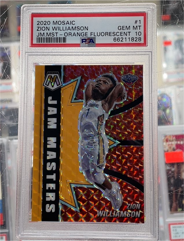 2020 Panini Mosaic #1 Zion Williamson Jam Masters Orange Fluorescent — front
