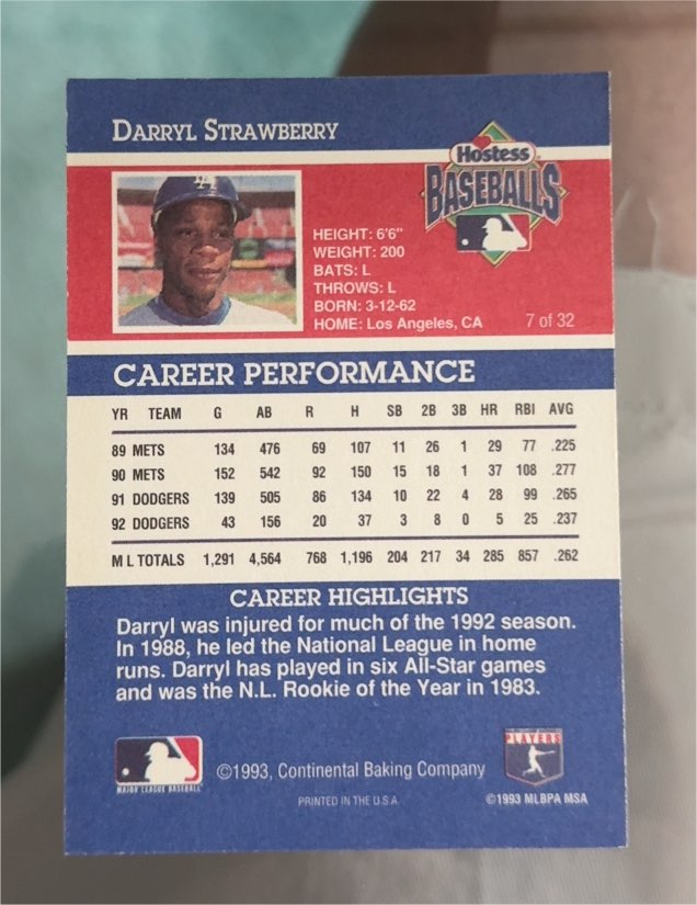 1993 Continental Baking Hostess Baseballs #7 Darryl Strawberry — front