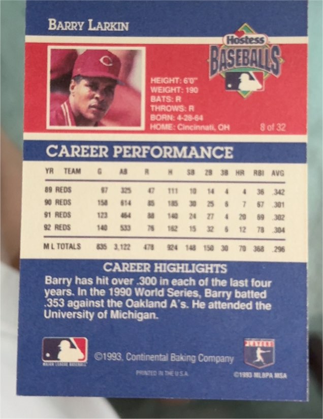 1993 Continental Baking Hostess Baseballs #8 Barry Larkin — front