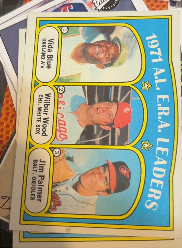 1972 Topps #92 1971 A.L. E.R.A. Leaders Vida Blue / Wilbur Wood / Jim Palmer — front