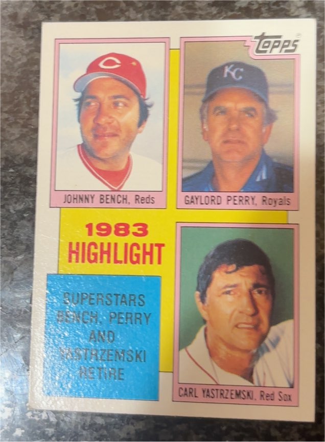 1984 Topps #6 1983 Highlight Johnny Bench, Gaylord Perry, Carl Yastrzemski — front