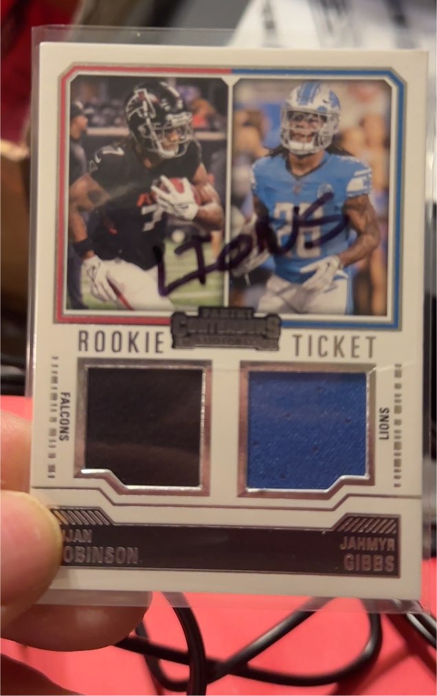 2023 Panini Contenders #DS-8 Bijan Robinson & Jahmyr Gibbs Rookie Ticket Dual Patch — front