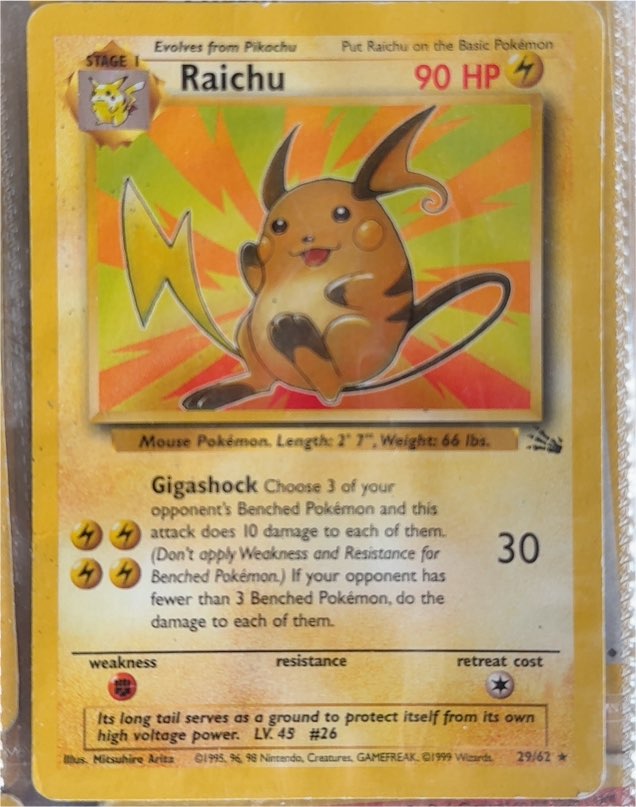 1999 Pokémon Fossil #29 Raichu — front