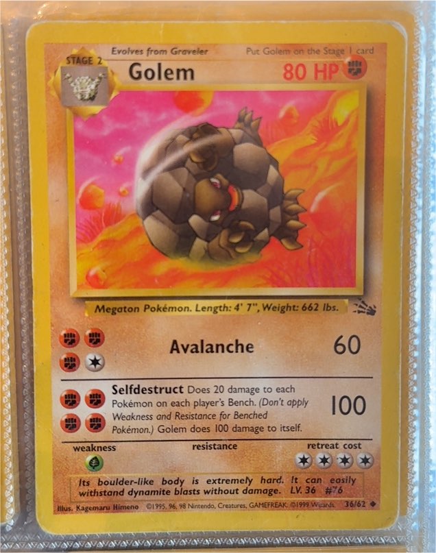 1999 Pokémon Fossil #36 Golem — front