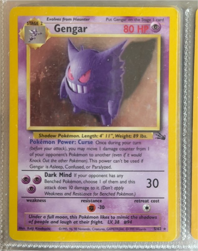 1999 Pokémon Fossil #5/62 Gengar — front