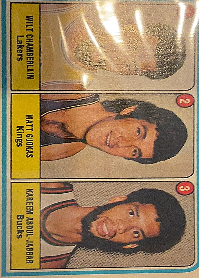 1973-74 Topps #155 Wilt Chamberlain/Matt Guokas/Kareem Abdul-Jabbar — front