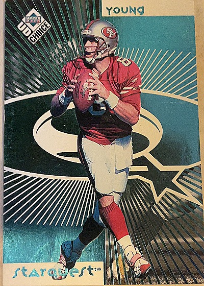 1998 UD Choice #SR14 Steve Young / R.W. McQuarters StarQuest/RookQuest Blue — front