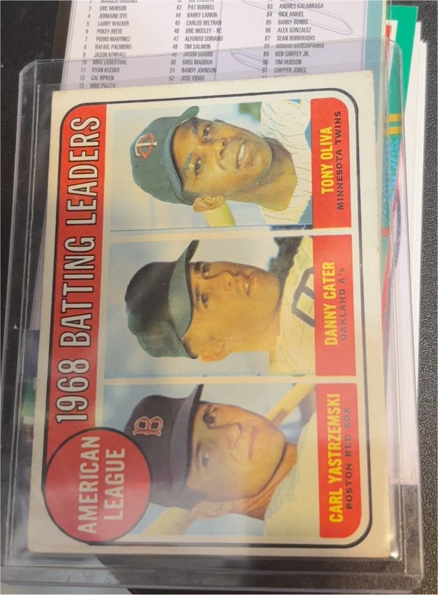 1969 Topps #1 American League Batting Leaders Carl Yastrzemski, Tony Oliva, Danny Cater — front