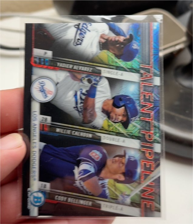 2017 Bowman Chrome Mega Refractor Pipeline #TPM-LAD Yadier Alvarez/Willie Calhoun/Cody Bellinger — front