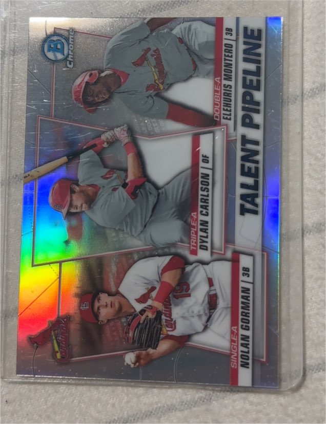2020 Bowman Chrome Talent Pipeline #TP-STL Dylan Carlson / Elehuris Montero / Nolan Gorman — front