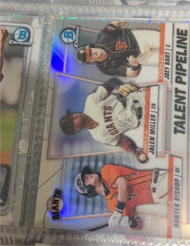 2020 Bowman Chrome #TP-SFG Hunter Bishop / Joey Bart / Jalen Miller — front