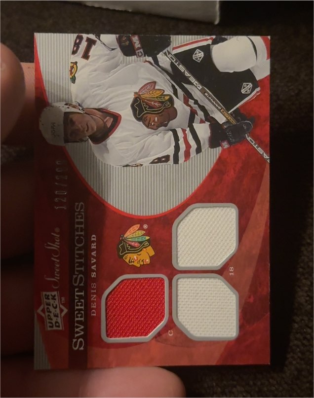 2007-08 Upper Deck Sweet Shot Sweet Stitches Triples #SST-DE Denis Savard — front