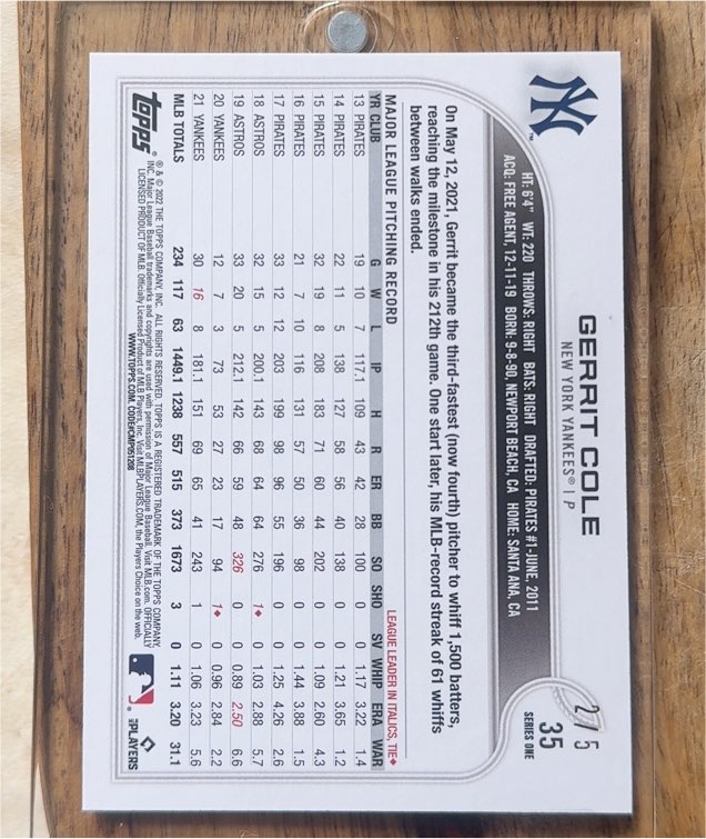 2022 Topps Series One #35 Gerrit Cole — front