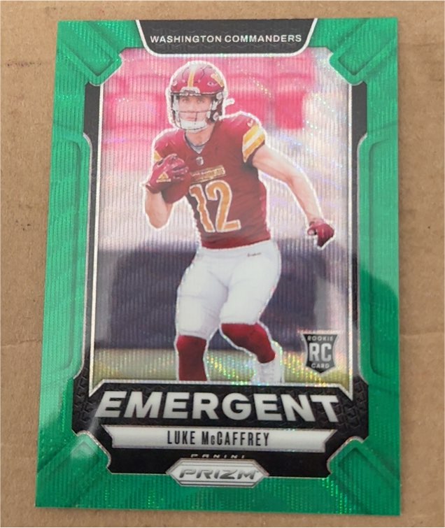2024 Panini Prizm #14 Luke McCaffrey Emergent Green Prizm Rookie Card — front