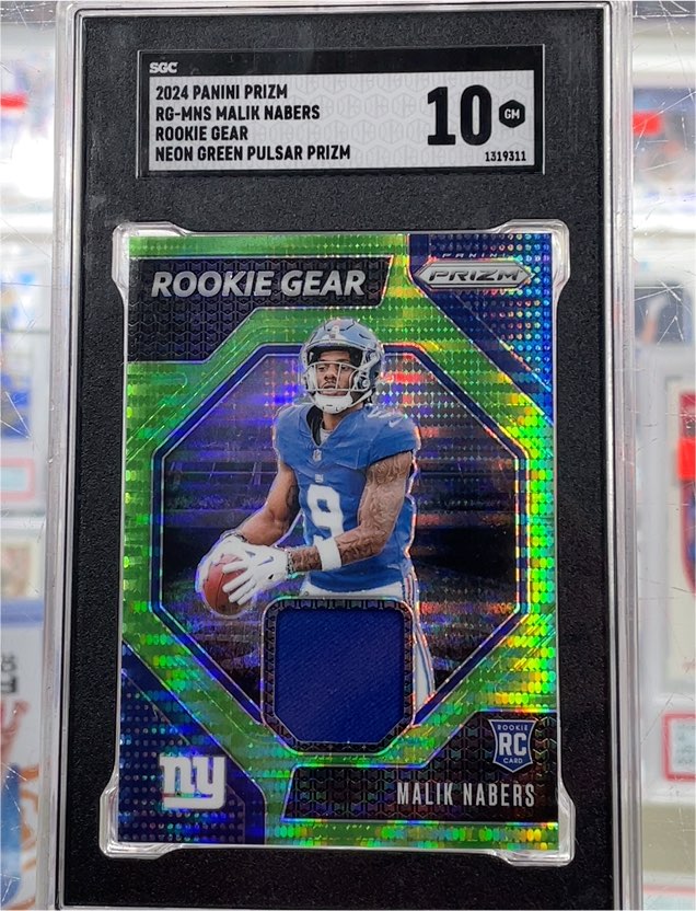 2024 Panini Prizm #RG-MNS Malik Nabers Rookie Gear Neon Green Pulsar Prizm — front