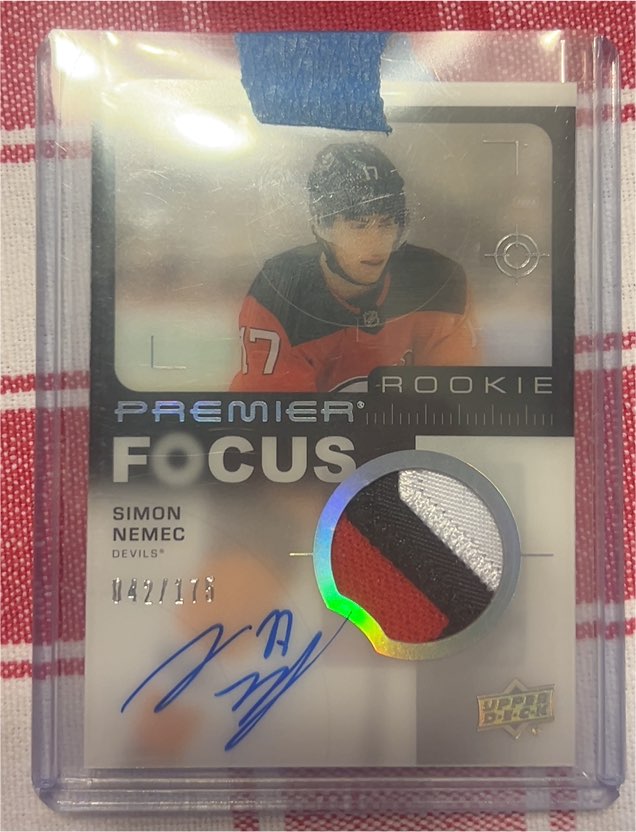 2023-24 Upper Deck Premier Focus Rookie Patch Auto #142/175 Simon Nemec — front