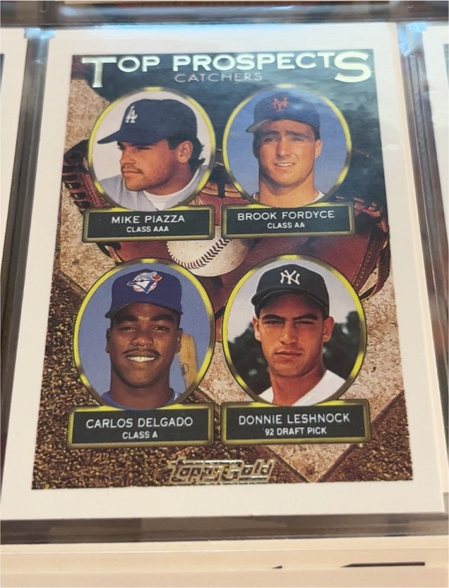 1993 Topps #701 Top Prospects Mike Piazza, Brook Fordyce, Carlos Delgado, Donnie Leshnock — front