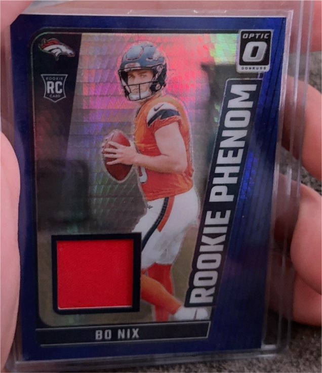 2024 Panini Donruss Optic Bo Nix Rookie Phenom Patch Blue Hyper Prizm RC — front