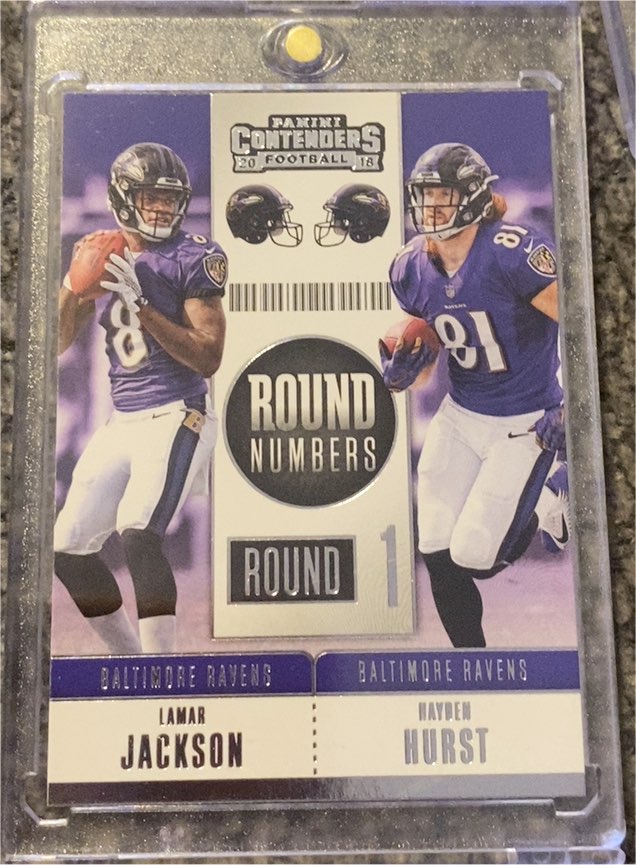 2018 Panini Contenders #RNA-JH Lamar Jackson Hayden Hurst Round Numbers — front