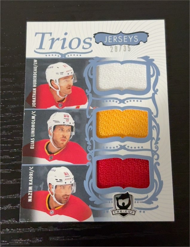 2023-24 Upper Deck The Cup Trios Jersey #C3-KHL Jonathan Huberdeau Elias Lindholm Nazem Kadri — front
