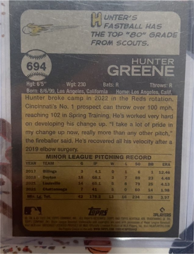 2022 Topps Heritage #694 Hunter Greene — front