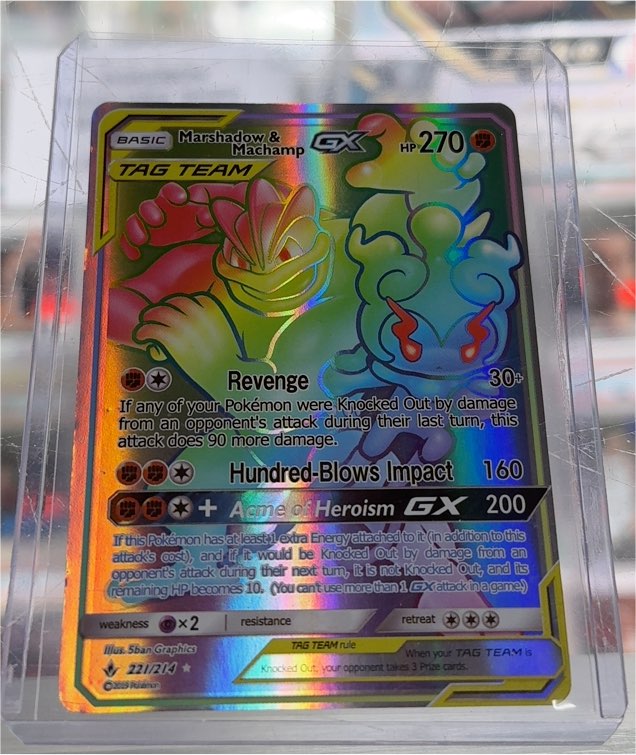 2019 Pokémon TCG Sun & Moon Unbroken Bonds #221/214 Marshadow & Machamp GX — front