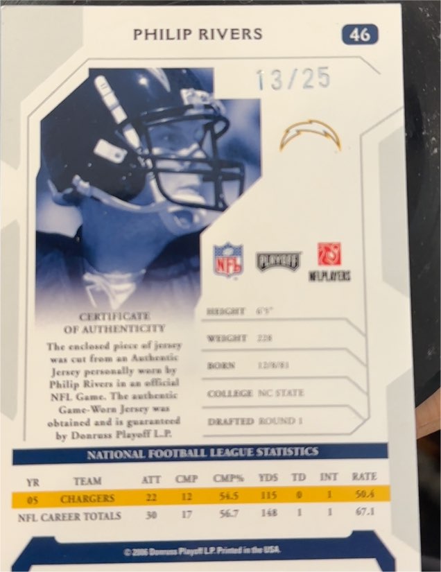 2006 Playoff NFL Playoffs #46 Philip Rivers — front