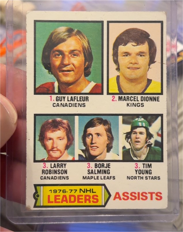 1977-78 O-Pee-Chee #2 NHL Assists Leaders Guy Lafleur Marcel Dionne Larry Robinson Borje Salming Tim Young — front