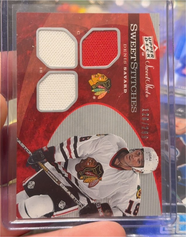2007-08 Upper Deck Sweet Shot Sweet Stitches Triples #SSTDE Denis Savard — front