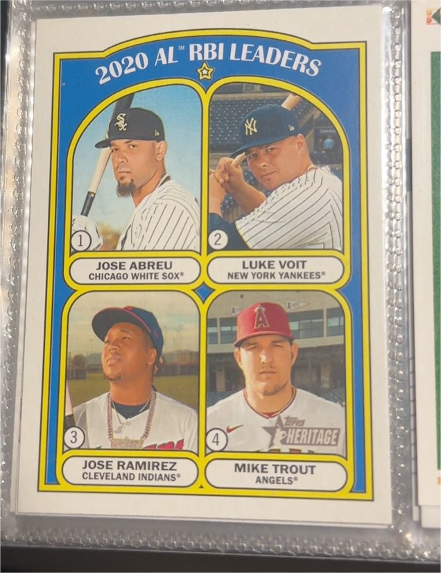 2021 Topps Heritage #88 2020 AL RBI Leaders Jose Abreu Luke Voit Jose Ramirez Mike Trout — front